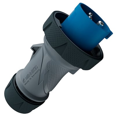 Mennekes PowerTOP Xtra R CEE-stikprop på 32 A med blå stikdel og ergonomisk gråt hus, set skråt forfra.