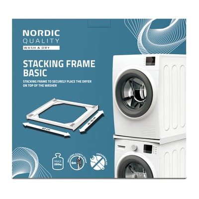 Nordic Quality stableramme Basic i sølv, vist med en vaskemaskine og tørretumbler stablet, viser dimensioner og specifikationer.
