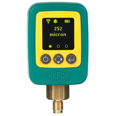 Digitalt vakuummeter Refco REFVAC-RC i grøn og gul med display, knapper og messingtilslutning.