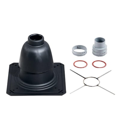 Vaillant Flex røggasrørsæt 80mm, viser alle komponenter samlet på en hvid baggrund: skorstensinddækning, overgangsstykker, ringe og fastgørelse.