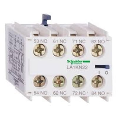 Hvid Schneider Electric hjælpeblok LA1KN22 med 1 NO og 3 NC kontakter, vist med clipsmontage og tydelige numre.