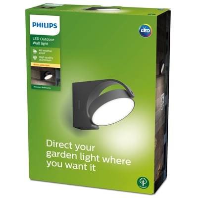Philips Mimosa LED udendørs væglampe i antracit, 7W, 2700K, IP44, fremvist på grøn emballage.