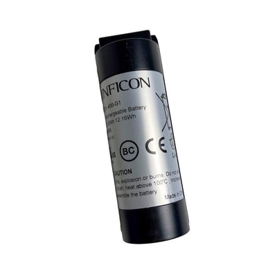 Genopladeligt Li-ion-batteri til D-TEK 3-læksøger med sort hus og sølvfarvet INFICON-mærkat.