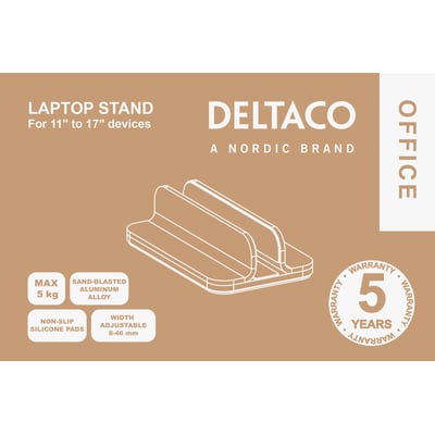 Deltaco ARM-0532 laptop stand illustration, viser max 5 kg kapacitet, sandblæst aluminium og justerbar bredde 8-46mm.