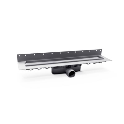 Purus Line lav afløbsrende på 700 mm med lang rende, monteringsflange og vandret Ø50 mm udløb.