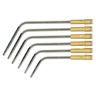 Seks Esab X11 svejseindsatser arrangeret i en bue, der viser forskellige godstykkeler fra 1,5 til 3,0 mm og en totallængde på 230 l/h.