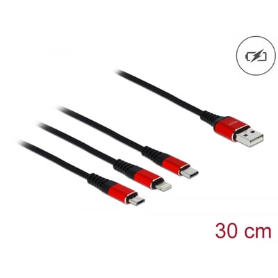 DeLock 3-i-1 USB-A til Lightning, Micro USB og USB-C ladekabel med 30 cm længde, vist på hvid baggrund.