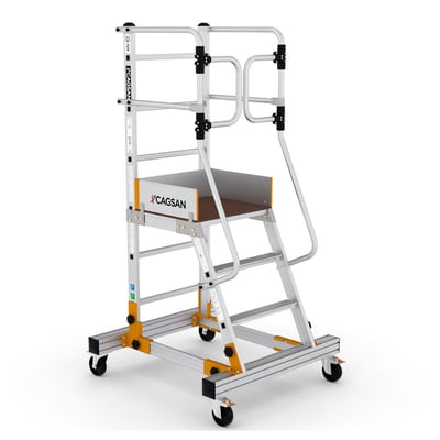 Mobil platform VISTA med 3+1 trin og selvlukkende indgang, vist isoleret på hvid baggrund.