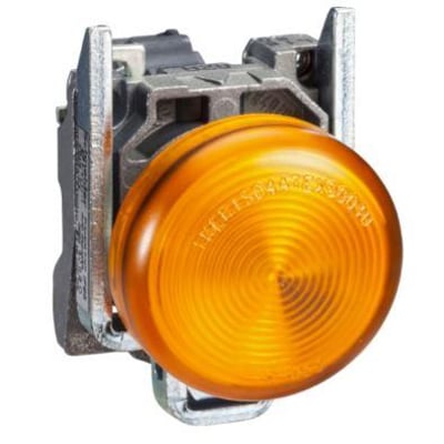 Schneider Electric gul signallampe i Harmony XB4 serien med LED til 230-240VAC og Zamak monteringsflange.