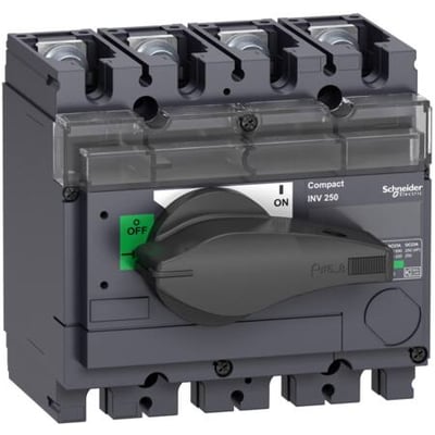 Schneider Electric Compact INV160 lastadskiller med fire poler, sort drejegreb og tydelig ON/OFF-indikator på grå plastkabinet.