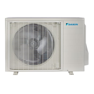 Daikin Nepura Perfera 40 luft til luft-varmepumpens udedel set forfra med stor ventilatorrist og Daikin-logo.