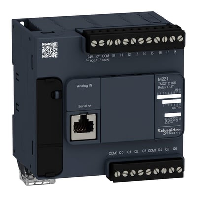 Schneider Electric Modicon M221 TM221C16R PLC med 9 digitale indgange, 2 analoge indgange og 7 relæudgange, grå plastikhus med tydelige mærkater.