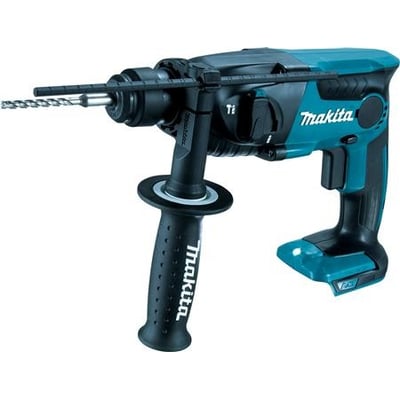 Makita DHR165Z borehammer i turkis og sort, set fra siden med borebit og støttehåndtag; 18 V og 1,3 J.