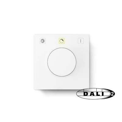 Jumitech DALI-2 potentiometer PS70MA, hvid, med drejeknap til lysstyring og tre tryk til RGB og scener.