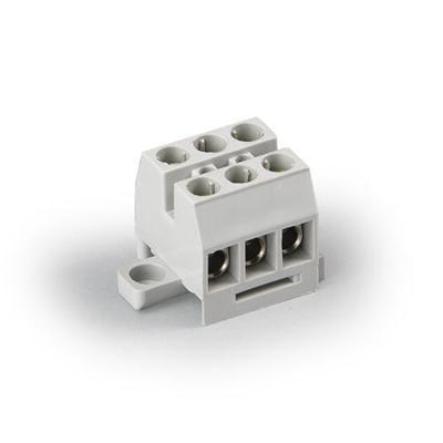 Ensto Clampo Compact 3-polet klemblok i hvid plast med seks tilslutningshuller og monteringsøje på hvid baggrund.