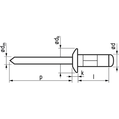 Teknisk tegning af multigrip blindnitte 4,8x17,0 mm i aluminium/stål med rundhoved og dimensioner angivet.