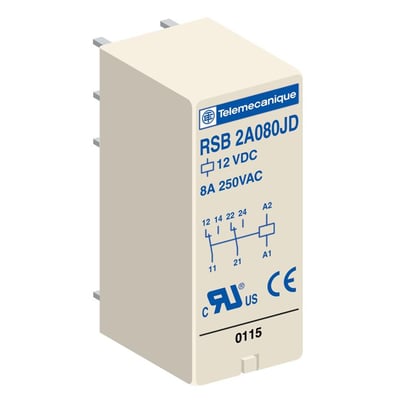 Schneider Electric Teletype stikbensrelæ, model RSB 2A080JD, i cremefarvet med blå tekst, viser 8A 250VAC og 12 VDC mærkning samt diagram.