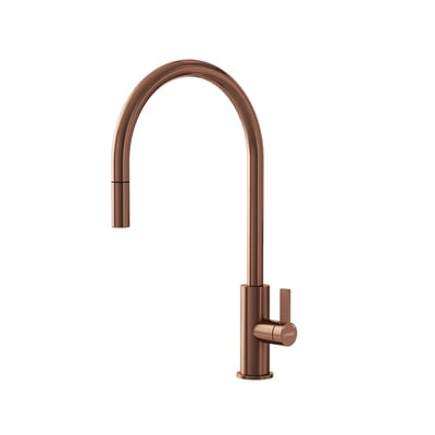Lavabo Alkymist 587 RS højt køkkenarmatur i kobber med buet C-tud, udtræk og enkelt greb.