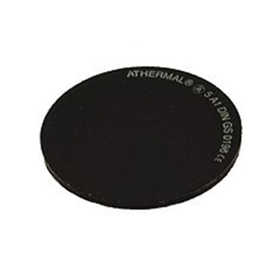 Rundt svejseglas med diameter 50 mm og mærkning DIN 5 samt 'ATHERMAL', designet til svejse- og slibebriller.