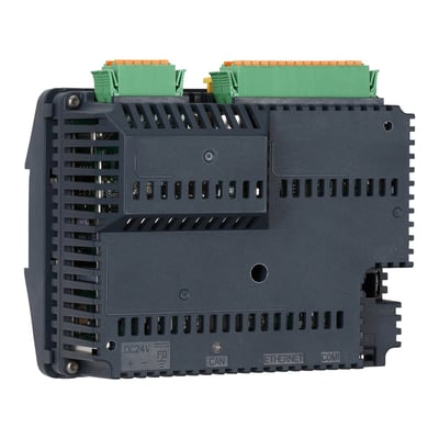 Schneider Electric Pro-face rear modul dig/ana source LT4000M, grå, med grønne og gule stik på siden og mærkater som DC24V, FG, CAN, ETHERNET og COM1.