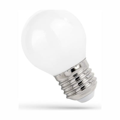 SpectrumLED E27 1W LED-kronepære med rund, matteret hvid kuppel og synlig metalskruefatning.