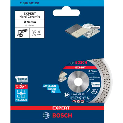 Bosch Hard Ceramic diamantskæreskive Ø76/10 mm i blå og rød emballage, med skiven synlig.