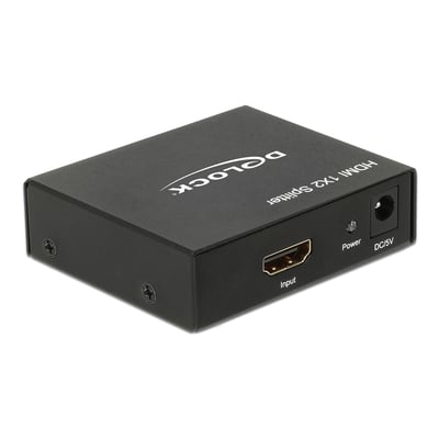 Sort DeLOCK HDMI-splitter med én HDMI-indgang og strømstik på fronten, til fordeling af signal til to skærme.