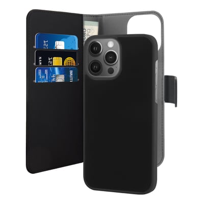 Puro iPhone 13 Pro EcoLeather Wallet med aftageligt cover i sort kunstlæder, viser kort- og pengelommer på venstre side.