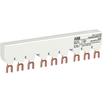 ABB sløjfeskinne PS1-5-1-65, 690V, 65A, der forbinder fem motorværn med kobberterminaler synlige.