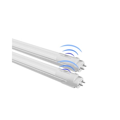 LEDlife SENS120M T8 LED-rør med G13-fatning og mikrobølgesensor, vist skråt med blå bølger, 18 W og 4000 K.