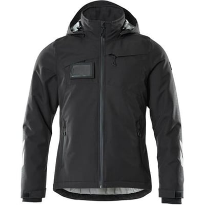 Sort Snickers Workwear vinterjakke Accelerate med aftagelig hætte, lynlås og lommer, detaljer med refleksprint på ærmet.