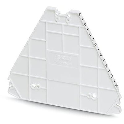 Phoenix Contact D-PTRV 8 WH A-H, en hvid trekantet mærkningsholder med bogstaverne A til H trykt på siden.