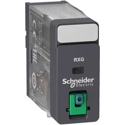 Schneider Electric Harmony RXG stikbensrelæ, 10A, 24V DC med testknap og en grøn monteringsholder.