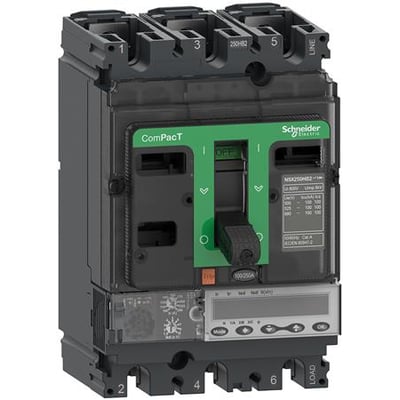 Schneider Electric ComPacT NSX100HB2 maksimalafbryder med MicroLogic 5.2 E, 40A, 3-polet i sort og grøn med grønt håndtag, der viser "OFF"-positionen.