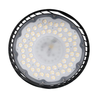 SpectrumLED LED high bay på 205 W med rund sort ramme og mange synlige LED'er, set forfra.