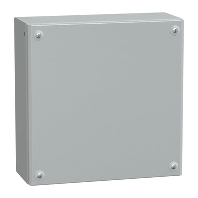 Schneider Electric klemkasse i metal, 300x300x120mm, RAL 7035, set fra siden med fire skruer på fronten.
