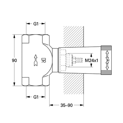 Teknisk tegning af Grohe indbygningsventil i messing med 1" gevindtilslutning og dimensioner vist.