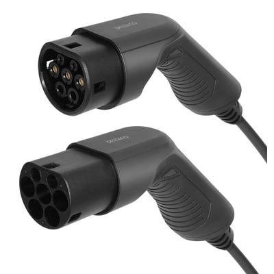 Deltaco EV-kabel med to sorte type 2 stik, viser detaljeret konstruktion til elbilsopladning.