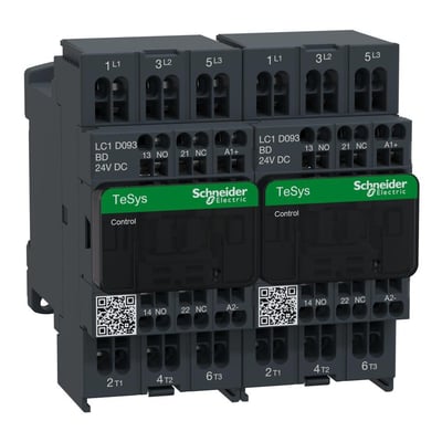 To Schneider Electric TeSys D reverserende kontaktorer, 9A, 24V DC, 3P, med 3 NO kontakter og 1 NO + 1 NC hjælpekontakter.