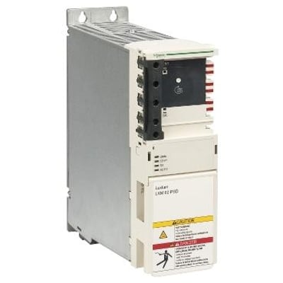 Schneider Electric strømforsyning LXM62P med 10/20A kapacitet, monteret på et lodret panel med monteringshuller.