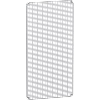 Schneider Electric Telequick montageplade i zinkbelagt stål med målene 400x400 mm, præsenteret fladt på en hvid baggrund.