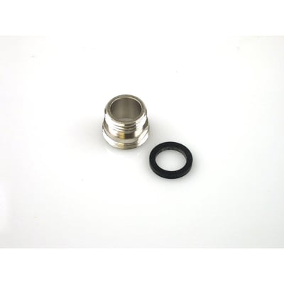 Forkromet messing overgangsstykke med 1/2" udvendigt gevind og en sort tætningsring.