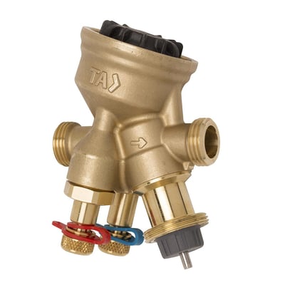 IMI TA-Modulator trykdifferensregulator i ametal med 3/4" gevind og DN15, viser måle- og tilslutningsnipler.