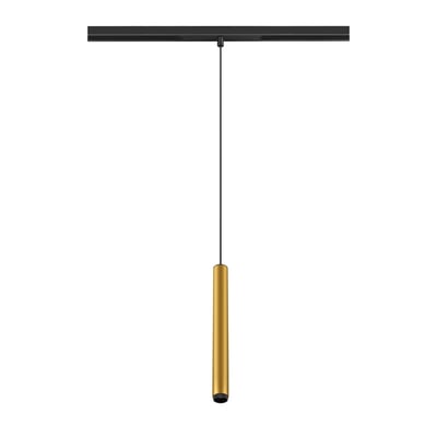 SLV GRIP! S 48V pendel i guld hængende fra en sort skinne, med en tynd sort ledning, placeret på en hvid baggrund.