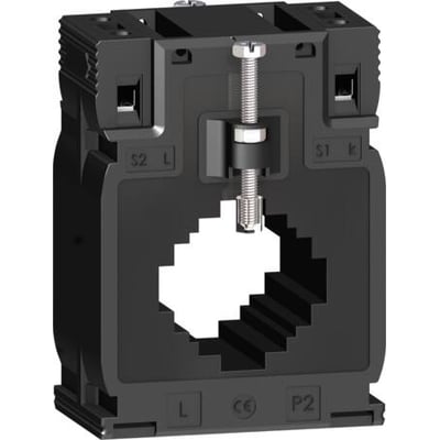 Schneider Electric strømtransformer 300/5A KL1 med 5A sekundær strøm og klasse 0.5 nøjagtighed, vist med en central åbning for ledere.