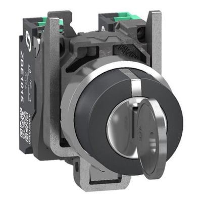 Schneider Electric nøgleafbryder med Ronis 455 nøgle og 2xNO push-in kontaktelementer set forfra.