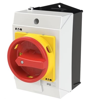 Eaton kapslet reparationsafbryder TO-2-1/I1/SVB, 3-polet 20 A, med rød drejeknap og gul front.