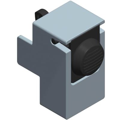 Schneider Electric lås til adapter, trykknap med sort drejeknap og grå klemme på hvid baggrund.