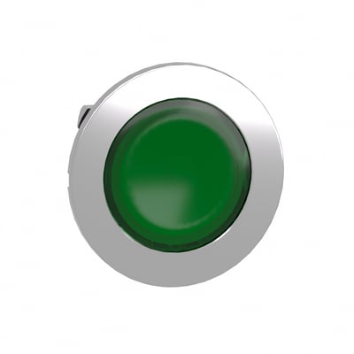 Schneider Electric ZB4F lampetrykhoved i grøn, med plan trykflade og kromfarvet kant for montering i 30mm hul.