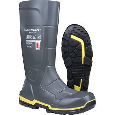 Grå Dunlop MetGUARD 562732 S5-sikkerhedsstøvle i str. 38 med gule detaljer og den mønstrede sål vist bagved.